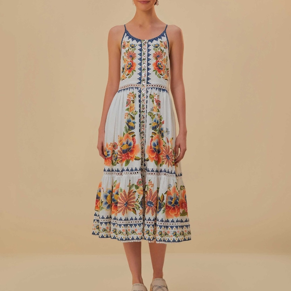 FARM RIO Off-White Delicate Garden Midi Dress Size Small